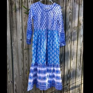 Pink City Prints Boho Prairie Blue/White Ruffle Hem Maxi Dress XS